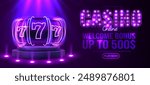 Neon slot machine wins the jackpot. Casino web banner. Vector illustration