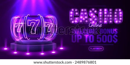 Neon slot machine wins the jackpot. Casino web banner. Vector illustration