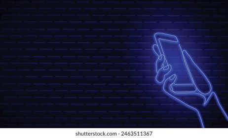 Neon. Smart phone icon in hand. Glowing phone sign. Hand holding smartphone. Line art. Gadget concept. Gesture hands holding touch screen of smartphone. Continuous one line draw. Vector illustration.
