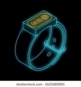 Neon smart watch showing the time on a black background