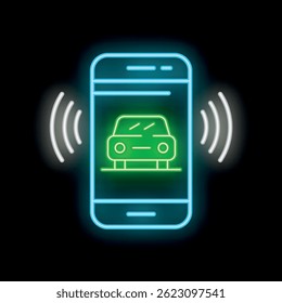 Neon-Smartphone, das eine Car-Sharing-App-Schnittstelle mit einem GPS-Signalsymbol anzeigt