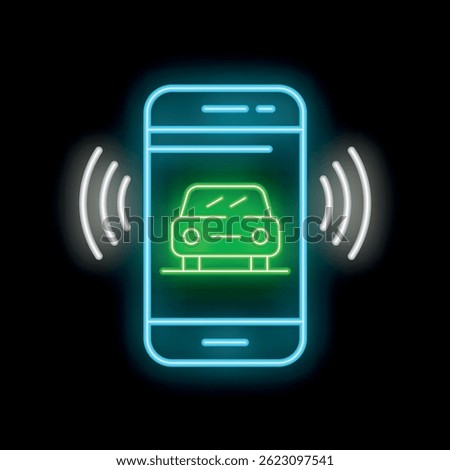 Neon smartphone displaying a car sharing app interface with a gps signal icon