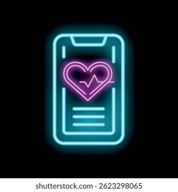 Neon smartphone displaying a heartbeat inside a pink heart, symbolizing health monitoring apps