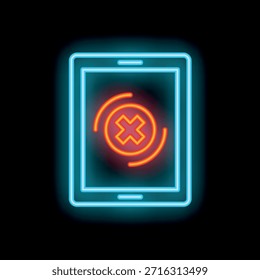 Neon-Smartphone mit Ladefehlersymbol auf schwarzem Hintergrund
