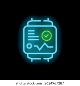 Neon smartwatch displaying successful data synchronization with a green check mark, ideal for tech and innovation concepts