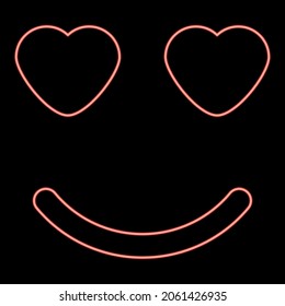 Neon smile with heart eyes red color vector illustration flat style light image