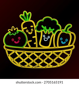 Neon Smiling Veggie Basket Vector Design