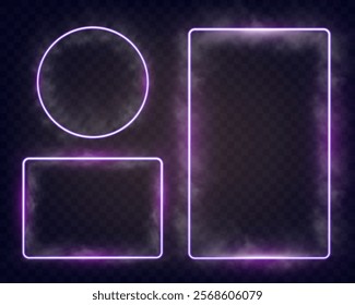 	
Neon smoke banner vector collection featuring glowing purple neon shapes including hexagon, rectangle, triangle, circle, heart, and other frames on dark transparent background.	