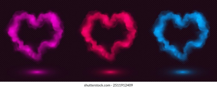 Corações de fumaça de néon são isolados em fundo transparente. Ilustração realista de vetor de neon vermelho, rosa, nuvens de névoa azul, Dia dos Namorados decoração de banner, símbolo romântico do amor, efeito de sopro de vapor