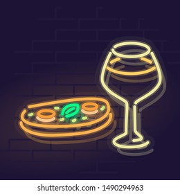 Neon smorrebrod and beer. Night illuminated restaurant street sign. Isolated geometric style illustration on brick wall background.