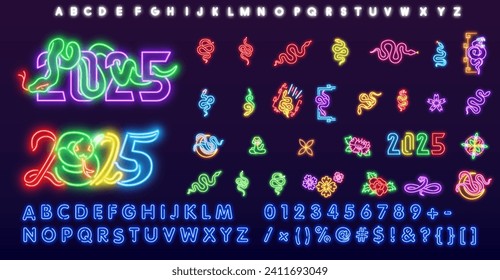 Neon snake icon set. Happy Chinese new year 2025 Zodiac sign, year of the Snake, with blue background and neon style. Glowing bright icon cobra anaconda malaysia sign.