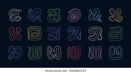 Serpiente de neón sobre fondo negro. Collage de Elementos modernos de forma cuadrada. colección de arte contemporáneo Vector. Ilustración de la serpiente del contorno en colores brillantes