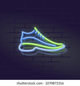 Neon sneakers. Night illuminated wall street sign. Isolated geometric style illustration on brick wall background.