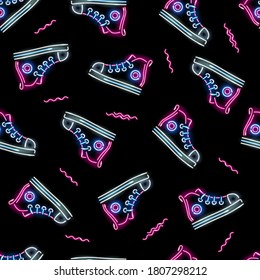 Neon sneakers seamless pattern with glowing shoes icons on black background. Trendy footwear, sport, youth concept for wallpaper, wrapping, print. Vector 10 EPS illustration.