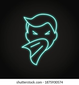 Neon sneezing person icon in line style. Man covering mouth with handkerchief. Vector illustration.