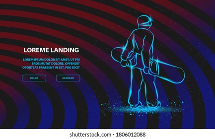 Neon Snowboarder standing with the board in his hands, back view. Vector Snowboarding Sport Background for Landing Page Template.