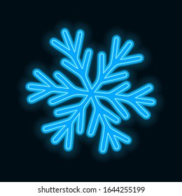 Neon snowflake blue on a dark background. Beautiful glow. Symbol of winter and cold.