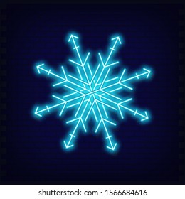 Neon Snowflake. Retro Bright Signboard, Light Banner for Christmas Design on Brick Wall Background. Fluorescent Vector Illustration.