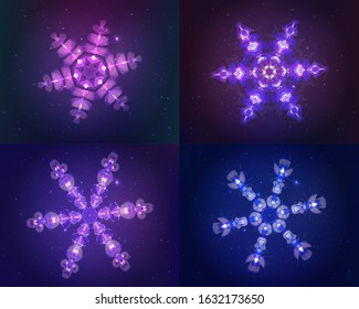 Neon snowflake signs. Shining symbols on dark blue background. Design elements for your discount proposition. Ready for your creative projects, greeting cards, posters. Vector illustration kit. EPS10.