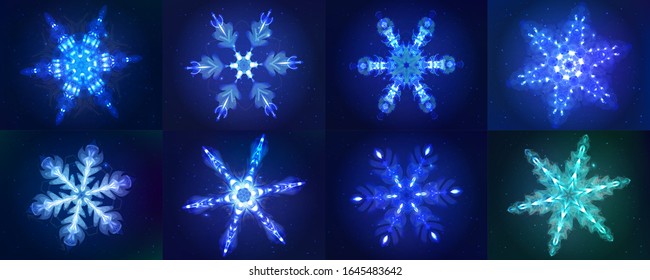 Neon snowflake signs. Shining symbols on dark blue background. Design elements for your discount proposition. Ready for your creative projects, greeting cards, posters. Vector illustration kit. EPS10.