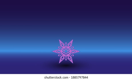 Neon snowflake symbol on a gradient blue background. The isolated symbol is located in the bottom center. Gradient blue with light blue skyline