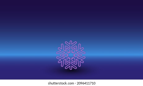 Neon snowflake symbol on a gradient blue background. The isolated symbol is located in the bottom center. Gradient blue with light blue skyline