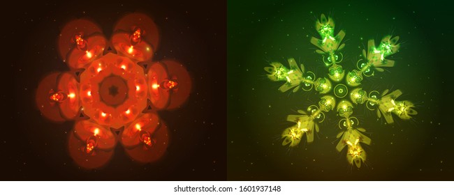 Neon snowflakes. Modern shining objects on dark red and green backgrounds, as a star sky. Ready decorative elements for your projects, design, business, banners or etc. Vector illustrations collection