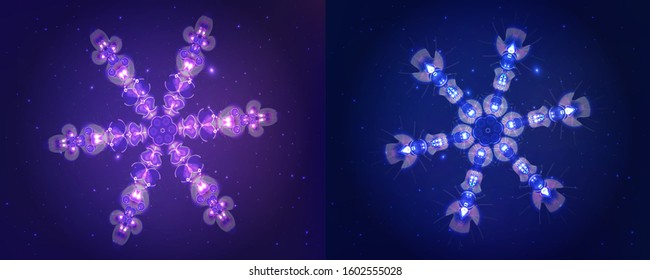 Neon snowflakes. Modern shining objects on dark blue backgrounds, as a star sky. Ready decorative elements for your projects, design, business, banners, covers or etc. Vector illustrations collection.