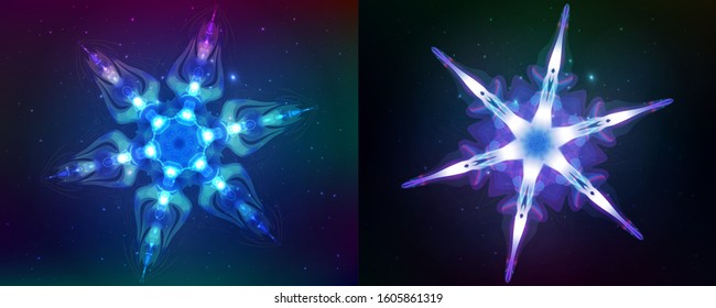 Neon snowflakes. Modern shining objects on dark blue backgrounds, as a star sky. Ready decorative elements for your projects, design, business, banners, covers or etc. Vector illustrations collection.