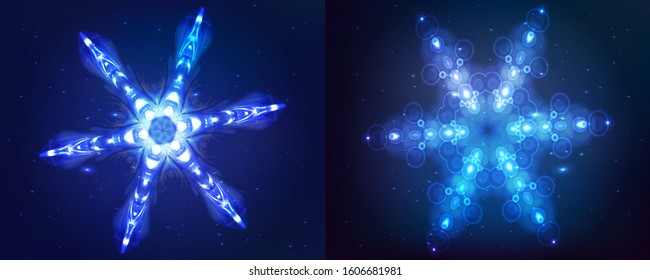 Neon Snowflakes. Modern Shining Objects On Dark Blue Backgrounds, As A Star Sky. Ready Decorative Elements For Your Projects, Design, Business, Banners, Covers Or Etc. Vector Illustrations Collection.
