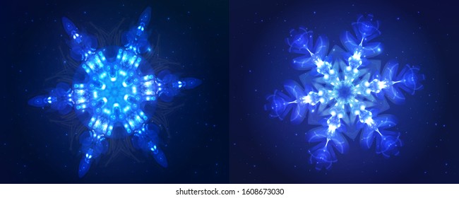 Neon Snowflakes. Modern Shining Objects On Dark Blue Backgrounds, As A Star Sky. Ready Decorative Elements For Your Projects, Design, Business, Banners, Covers Or Etc. Vector Illustrations Collection.