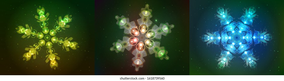 Neon Snowflakes. Modern Shining Objects On Dark Backgrounds As A Star Sky. Ready Decorative Elements For Your Projects, Design, Business, Banners, Covers Or Etc. Vector Illustration Collection. EPS 10
