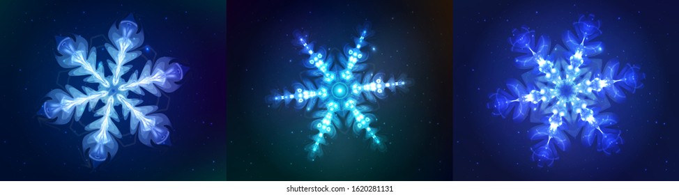 Neon Snowflakes. Modern Shining Objects On Dark Blue Backgrounds, As A Star Sky. Ready Decorative Elements For Your Projects, Design, Business, Banners, Covers Or Etc. Vector Illustrations Collection.