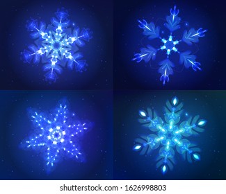 Neon snowflakes. Modern shining objects on dark blue backgrounds, as a star sky. Ready decorative elements for your projects, design, business, banners, covers or etc. Vector illustrations collection.