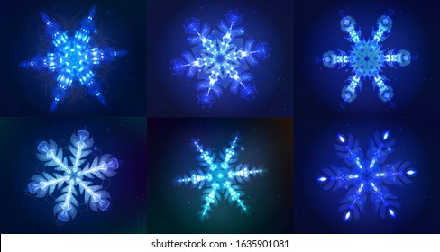 Neon Snowflakes. Modern Shining Objects On Dark Blue Backgrounds, As A Star Sky. Ready Decorative Elements For Your Projects, Design, Business, Banners, Covers Or Etc. Vector Illustrations Collection.