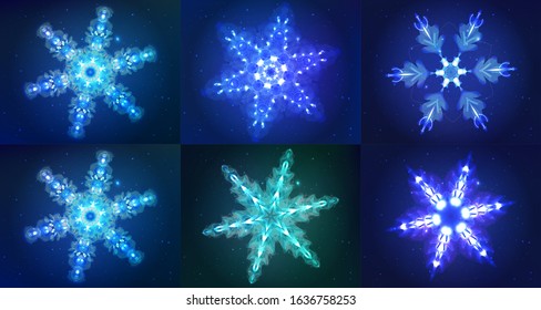 Neon Snowflakes. Modern Shining Objects On Dark Blue Backgrounds, As A Star Sky. Ready Decorative Elements For Your Projects, Design, Business, Banners, Covers Or Etc. Vector Illustrations Collection.