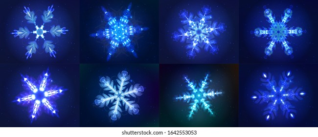 Neon Snowflakes. Modern Shining Objects On Dark Blue Backgrounds, As A Star Sky. Ready Decorative Elements For Your Projects, Design, Business, Banners, Covers Or Etc. Vector Illustrations Collection.