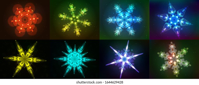 Neon Snowflakes. Modern Shining Objects On Dark Background, As A Star Sky. Ready Decorative Elements For Your Projects, Design, Business, Banners, Covers Or Etc. Vector Illustrations Collection. EPS10