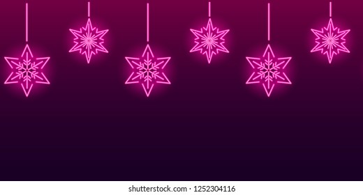 Neon snowflakes seamless pattern on dark purple background. Christmas and New Year concept. Vector 10 EPS illustration.