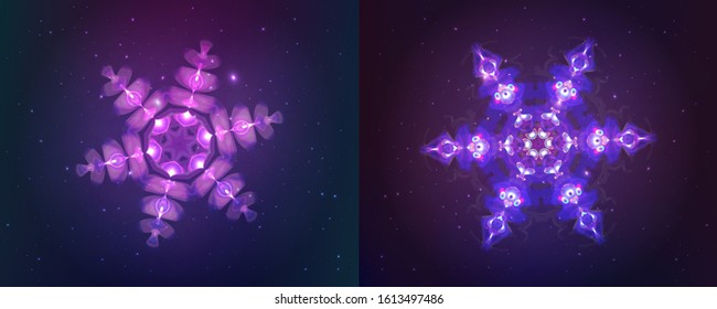 Neon snowflakes. Winter holydays design template for Christmas themed invitations or greetings card and seasonal flyer. Light symbols on dark backdrop. Vector Illustrations set. Editable shining signs