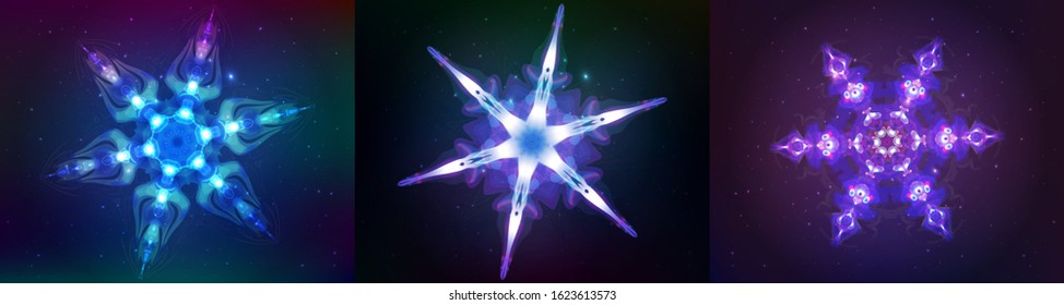 Neon snowflakes. Winter holydays design template for Christmas themed invitations or greetings card and seasonal flyer. Light symbols on dark backdrop. Vector Illustrations set. Editable shining signs