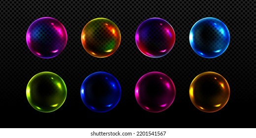 Neon soap bubbles, rainbow colorful iridescent glass balls or spheres isolated on transparent background. Water foam, shiny bright soapy circles, Realistic 3d vector illustration, set