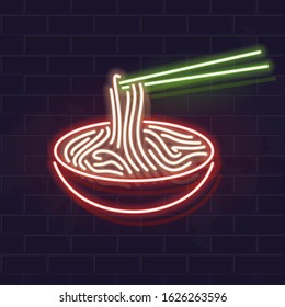 Neon soba bowl icon on brick wall background. Japanese cuisine, asian noodle soup. Vector isolated illustration for restaurant menu or flyer.