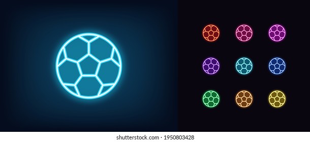 Icono de la pelota de fútbol de neón. Signo de fútbol de neón brillante, silueta de bola de contorno en colores vivos. Juego en línea, partido deportivo, torneo, transmisión en vivo y transmisión. Juego de iconos vectores, signo, pictograma para interfaz de usuario