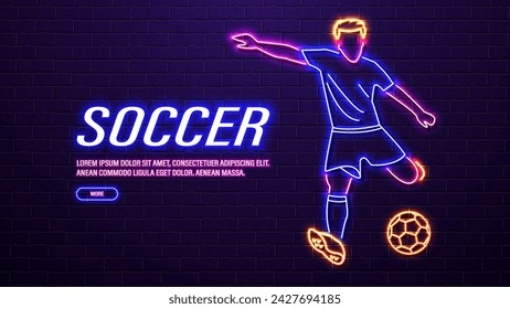 A neon soccer player with a ball on a brick wall background. A concept for sports betting.