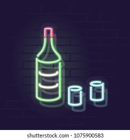 Neon soju bottle. Korean rice vodka for poster or social image. Night illuminated wall street sign. Isolated geometric style illustration on brick wall background.