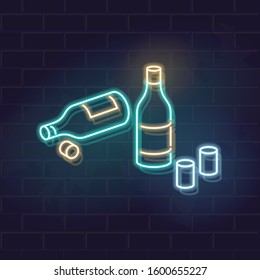 Neon soju bottles on table. View after two friends meeting. Korean drama style illustration. Vector illustration on brick wall background.