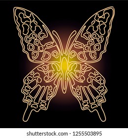 Neon solar flying butterfly. Vector illustration. Creative drawing.For postcard, background, wallpaper. Interior decoration. 