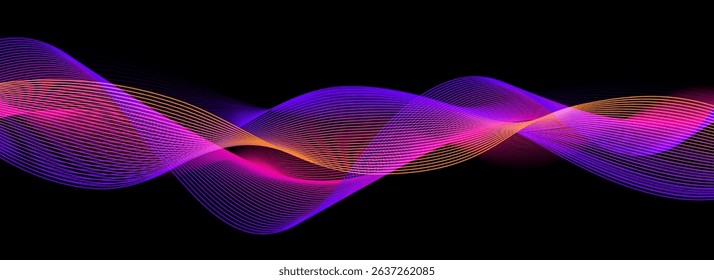 Neon sound wave on black background. Abstract flowing wavy lines design for ai concept, eq equalizer, audio record, voice assistant. Orange pink purple gradient curve stripe wallpaper. Vector