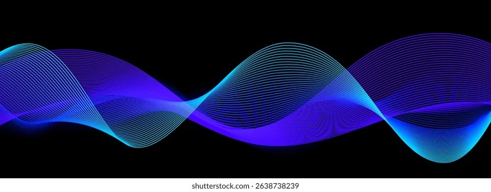 Neon sound wave on black background. Abstract flowing wavy dot lines design for ai concept, eq equalizer, audio record, voice assistant. Vector blue purple gradient dashed curve stripe wallpaper